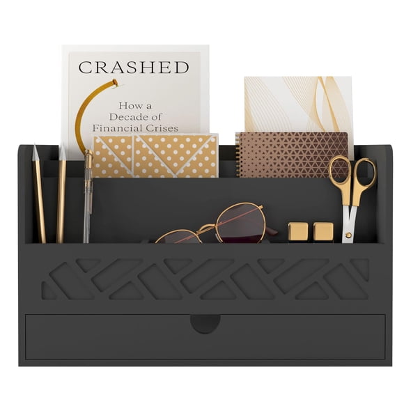 Wisuce Bamboo Mail Organizer Countertop Desktop with Drawer - Desk Organizer with File Organizer for Office Supplies All-in-One Desk File Organizer with Pencil Holder for Paper Letter Envelope Bill