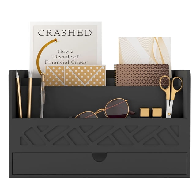 Wisuce Bamboo Mail Organizer Countertop Desktop with Drawer - Desk Organizer with File Organizer for Office Supplies All-in-One Desk File Organizer with Pencil Holder for Paper Letter Envelope Bill
