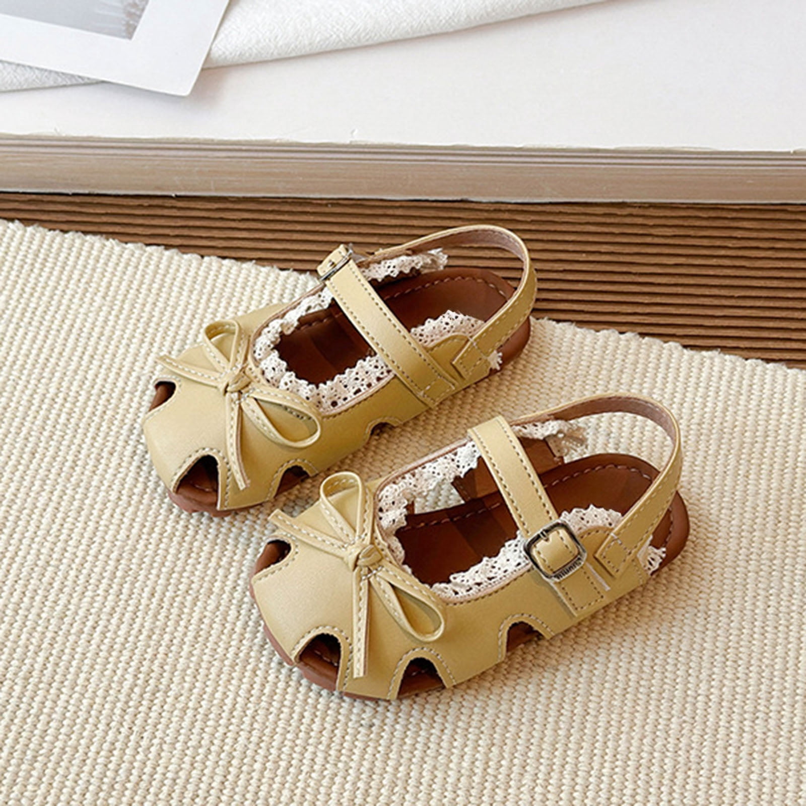 enyan Toddler Sandals Girls Sandals - Big girl and Toddler Girl Sandals with Durable Leather and Glitter Straps, Summer Dress Shoes for Girls,Yellow,Size 11
