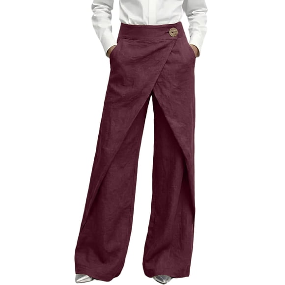 OIOLOYJM Women's Wide Leg Wrap Pants Cotton Linen Button Front Elastic High Waisted Trousers Elegant Casual Beach Vacation Pants with Pockets Wine S