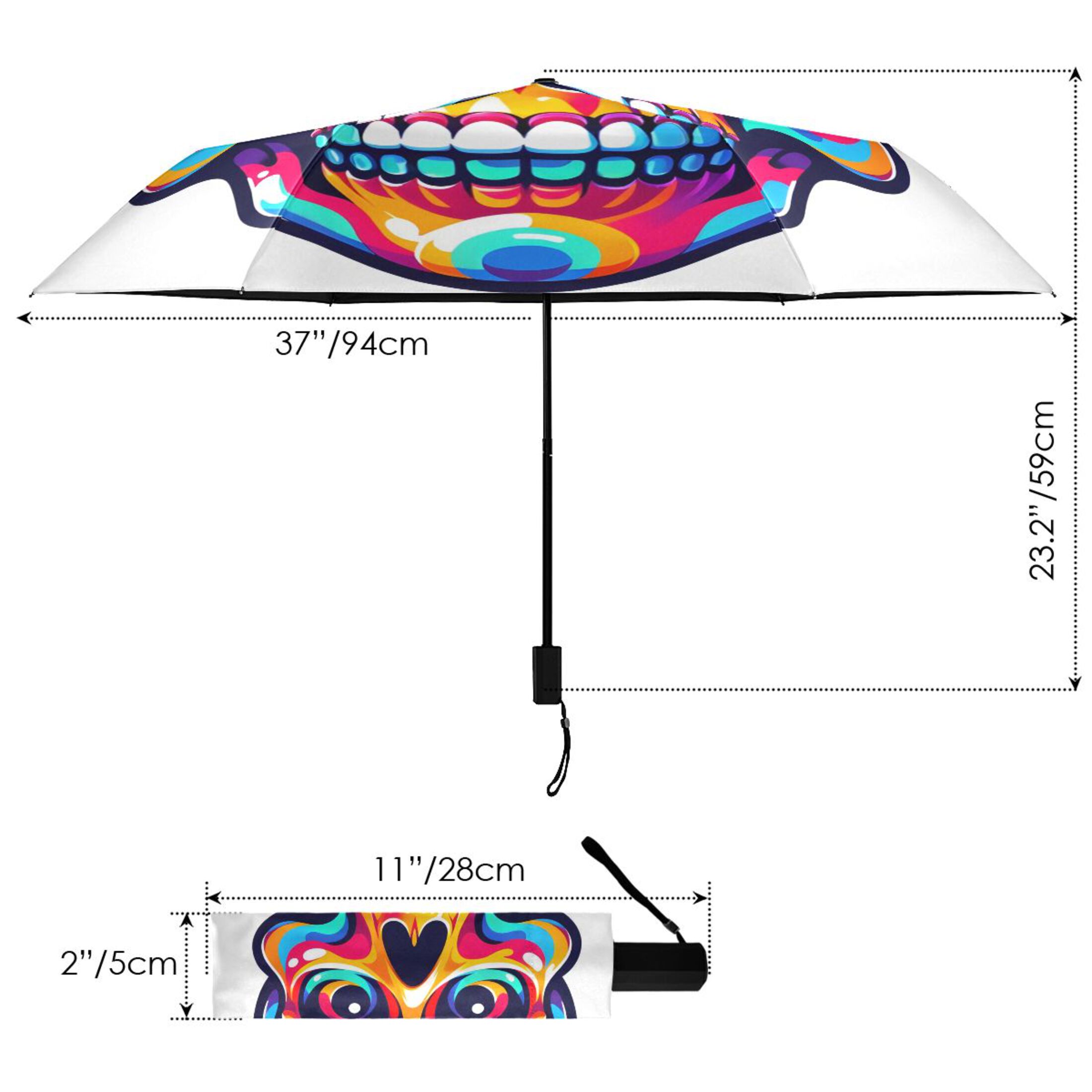 Rainbow Cute Skull Head Compact Sun Umbrella Windproof Travel Umbrellas for Rain Strong Portable UV Protection