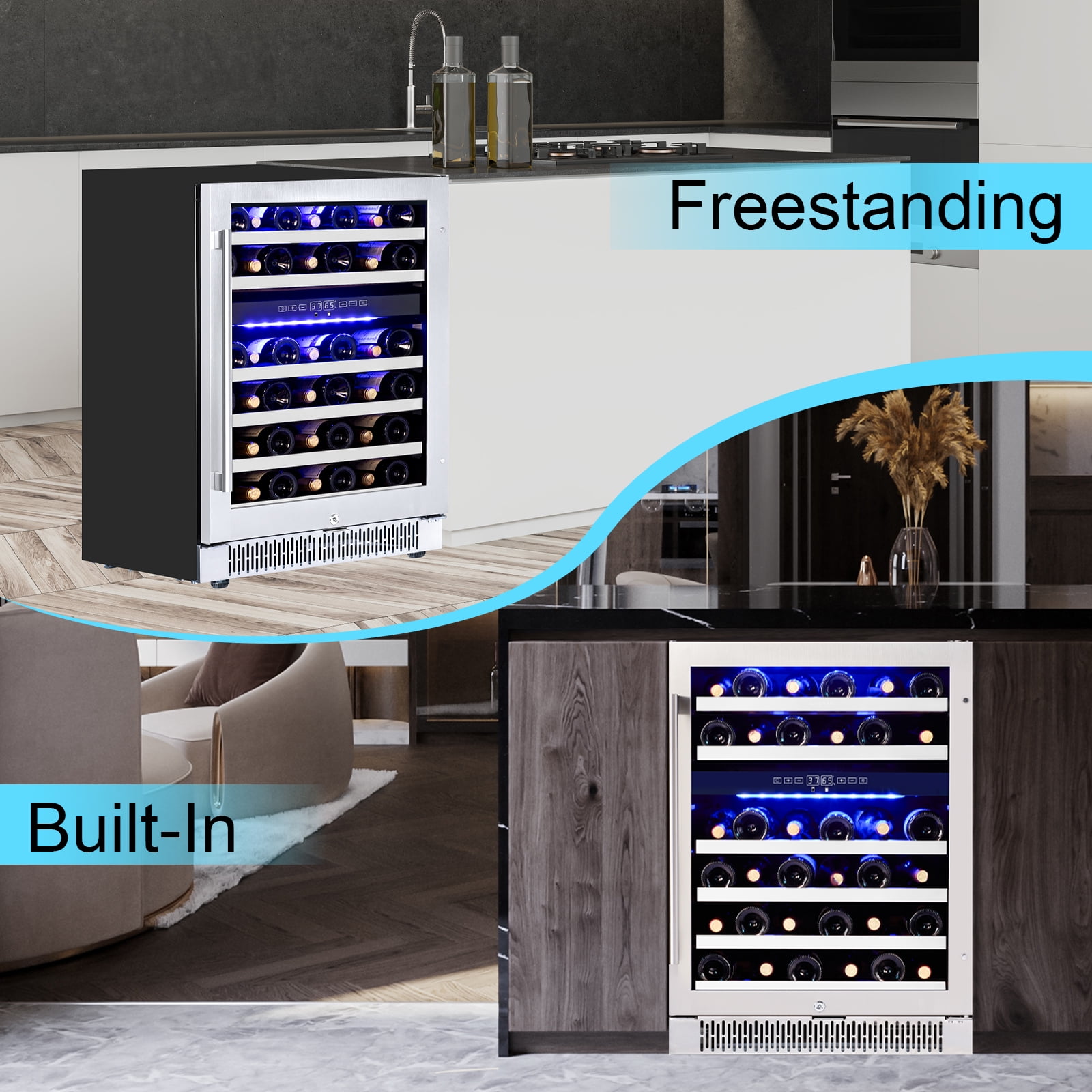 Luchar Wine Fridge 24 Inch, 46 Bottles Wine Fridge Cooler with Temperature Memory & Touchscreen Design, Double UV Glass Door and Removable shelves