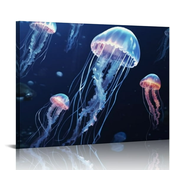 Pratyus Jellyfish Canvas Artwork Marine Life Ocean Animals Wall Art for Home Decor - Blue Vintage Style Prints, Ready To Hang 16x12in