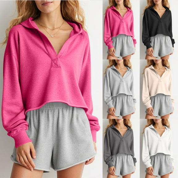 Olyvenn Women's Cropped Pullover Hoodie Long Sleeve Loose Fit Solid Color Y2K Fashion Sweatshirt for Winter and Fall Black S