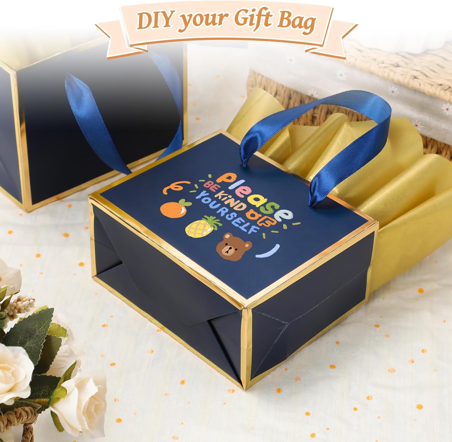 30 Pcs Small Metallic Foil Gift Bags with Handles, Blue Gold Thank You Favor Bag with Tissue Paper for Back to School Baby Shower Wedding Mother's Day Christmas Party (6.4x3.1x5.1 Inch)