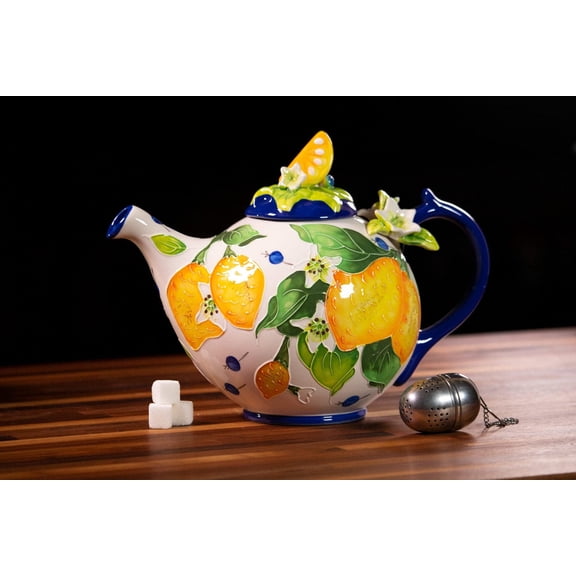Blue Sky Clayworks Rutaceae Home Kitchen Lemon Ceramic Teapot, 10", Multicolor