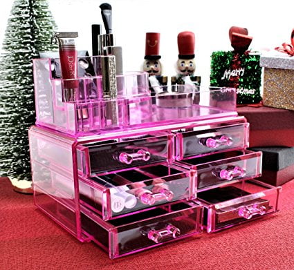 Smiling JuJu Acrylic Makeup Organizer, 8 Compartments, Pink