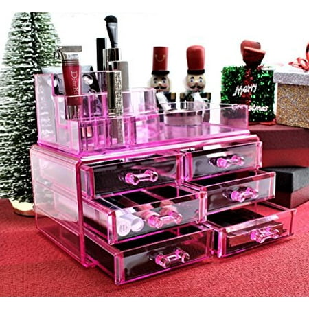 Pink Acrylic Cosmetics Makeup Jewelry Organizer 6 Drawers with 8 Compartments Top Section ( idea for Christmas, birthday gift)