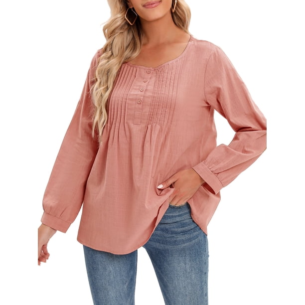 Casual Mujer Blusa de algodón O-cuello Botón de manga larga Camiseta suelta sólida Tops Abanopi Blusa