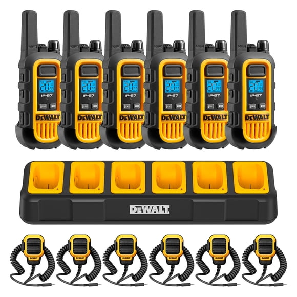 DeWalt DXFRS300 Heavy-Duty Walkie Talkies with Remote Speaker Mics & 6-Port Charging Dock (6 Radios) - Rechargeable Long Range Two-Way Radios, Waterproof