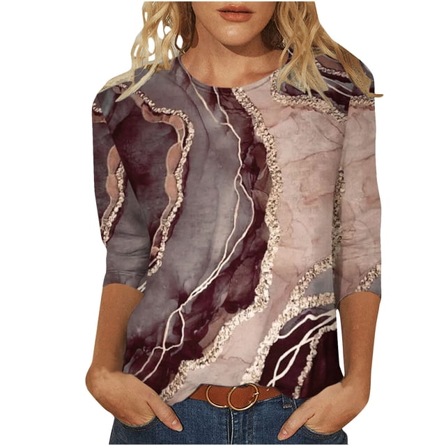 XZNGL Hauts à Manches 3/4 pour Femmes Mode pour Femmes T-Shirt Ample Imprimé Blouse à Manches 3/4 Col Rond Hauts Décontractés T-Shirts en Coton Femmes T-Shirts pour Femmes Mode T-Shirts à Manches 3/4 pour Femmes