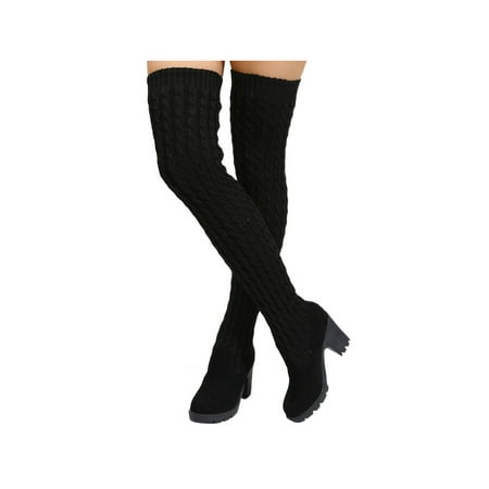 

Kesitin Womens Winter Shoes Elastic Thigh High Boot Knitting Over The Knee Boots Breathable Casual Work Chunky Heel Black 7