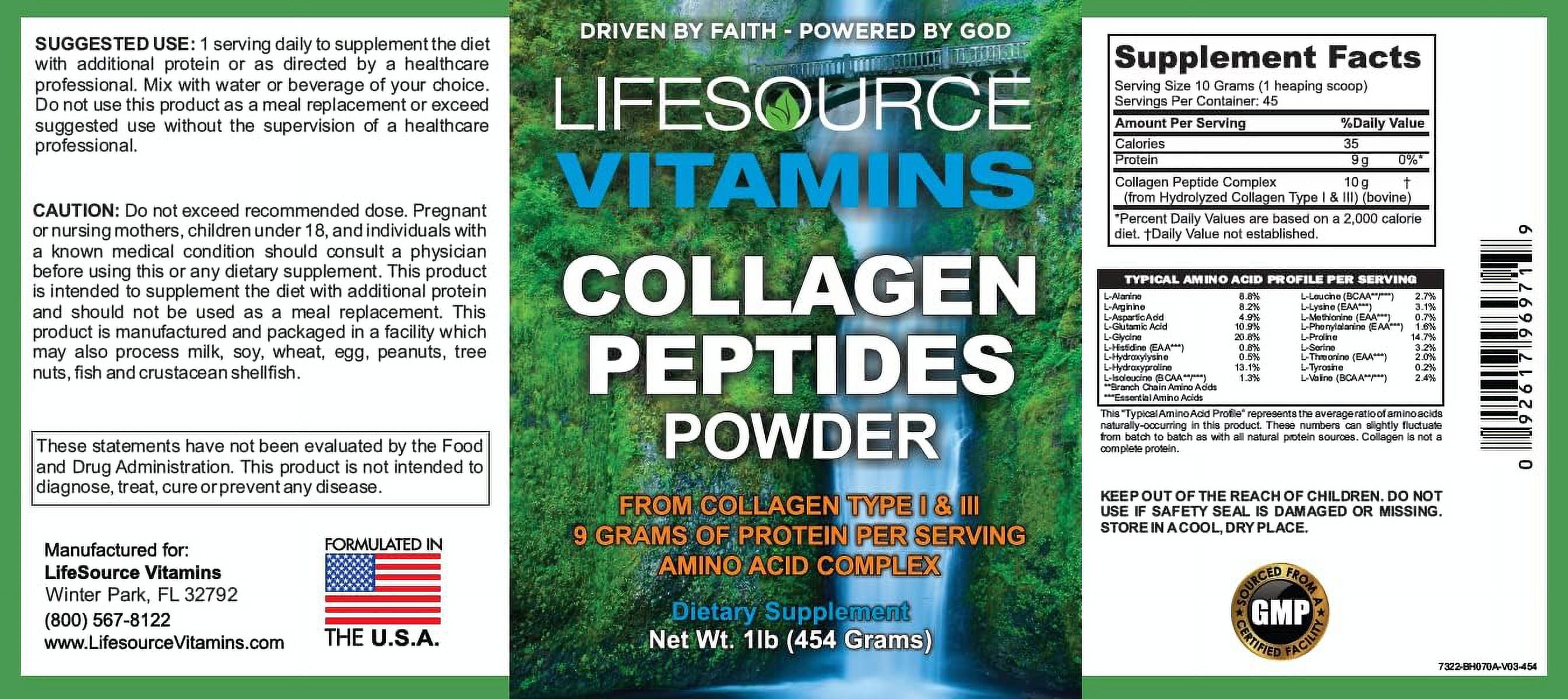 LifeSource Vitamins Collagen Peptides Powder – Hair, Skin, Nail & Joint Health, Collagen Type I & III, 45 Serving