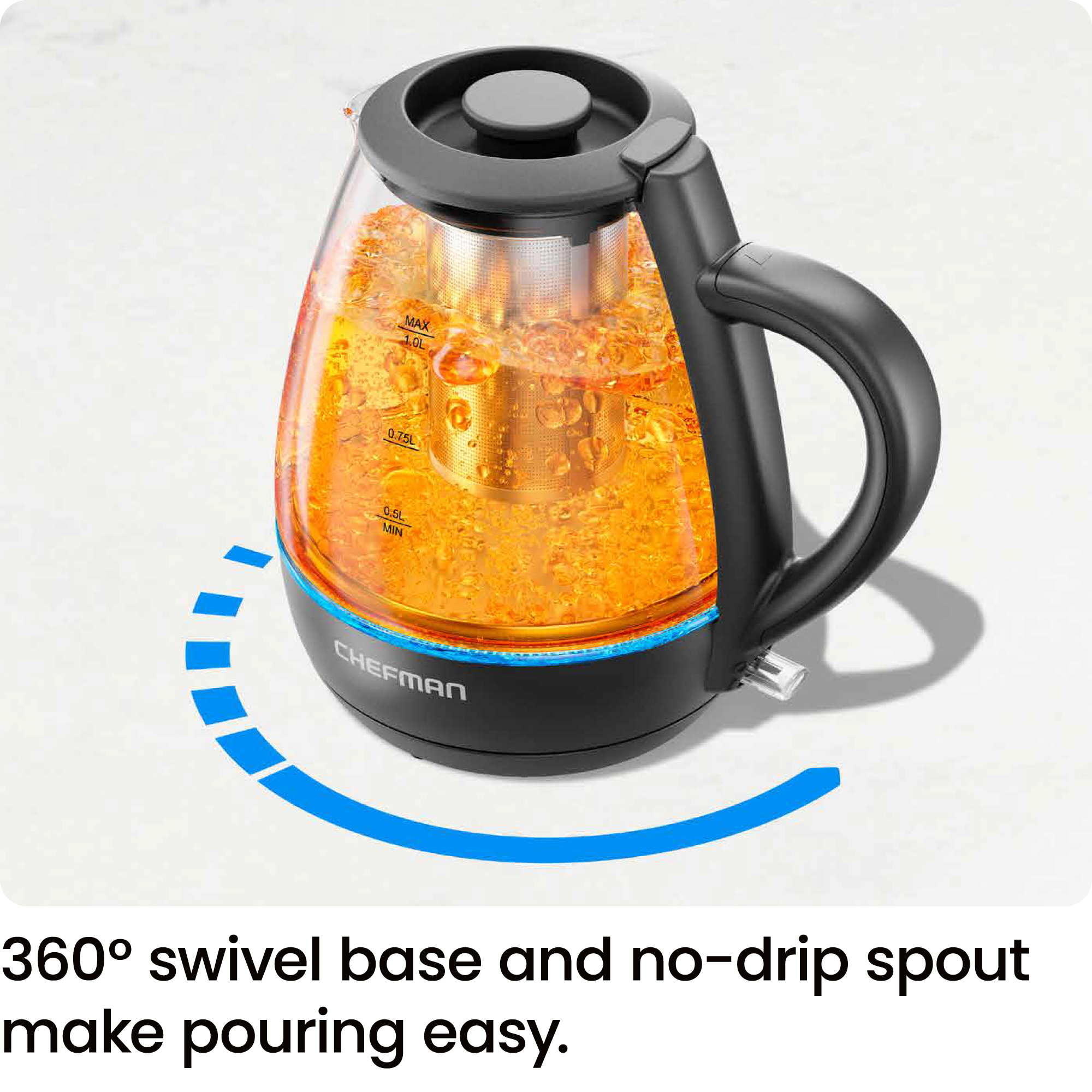 Chefman 1L Electric Glass Kettle with Tea Infuser, Black photo 6