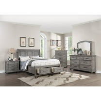 Transitional Beautiful Grey Hue 4pc Bedroom Furniture Queen Size Bed w Drawers FB Dresser Mirror Nightstand Sleigh Oak Veneer