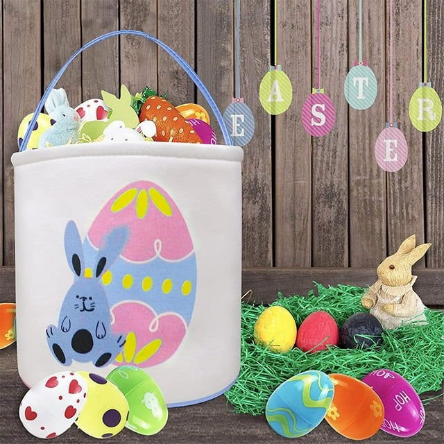 Movsou Easter Bunny Basket Bags for Kids Canvas Eggs Hunt Bag Rabbit Easter Basket for Kids Easter Hunting Blue