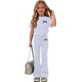 thumbnail image 2 of Zpanxa Girl Outfits Sets Girls Bow Graphic Tee and Flare Pants Set 2 Piece Casual Summer Outfit, 2 of 7