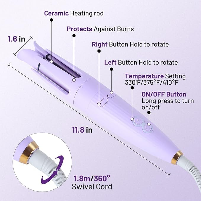RKXQT Automatic Hair Curling Iron Automatic Hair Curler Automatic Rotating with 3 Temperature Sets, Anti-Scald, Anti-Tangle Auto Curling Iron Rotating, Purple