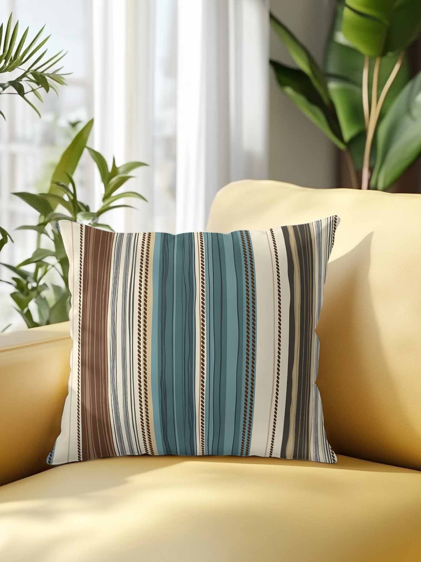 Waterproof Outdoor Throw Pillows with Inserts 16"x16", Teal Boho Stripes Soft Decorative Pillowcases for Couch Bedroom, Modern Bohemia Brown Beige Texture Pillow Covers for Sofa Living Room