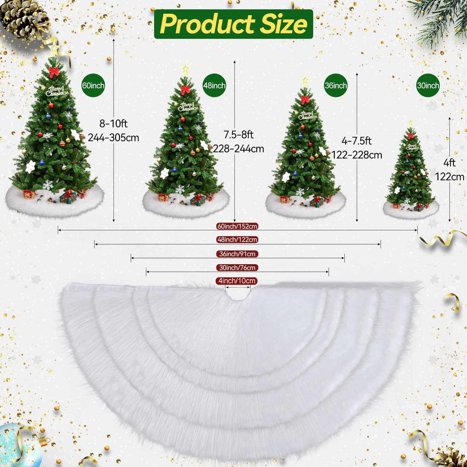 Sanmadrola Christmas Tree Skirt 48 Inch Faux Fur Xmas Plush Tree Skirt Winter Large Christmas Tree Mat Holiday Party Christmas Tree Decorations, Snowy White
