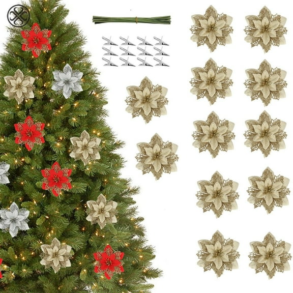 Luxtrada 12/24Pcs 6.3in Poinsettia Artificial Christmas Flowers Decorations Glitter Xmas Tree Flower Ornaments with Clips