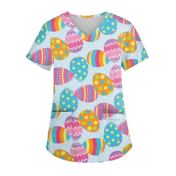 OIOLOYJM Easter Scrubs Tops for Women 2026 Funny Stretch Bunny Eggs Graphic Tops Short Sleeve V Neck Shirt Loose Fit Plus Size Blouse with Pockets Sky Blue XL