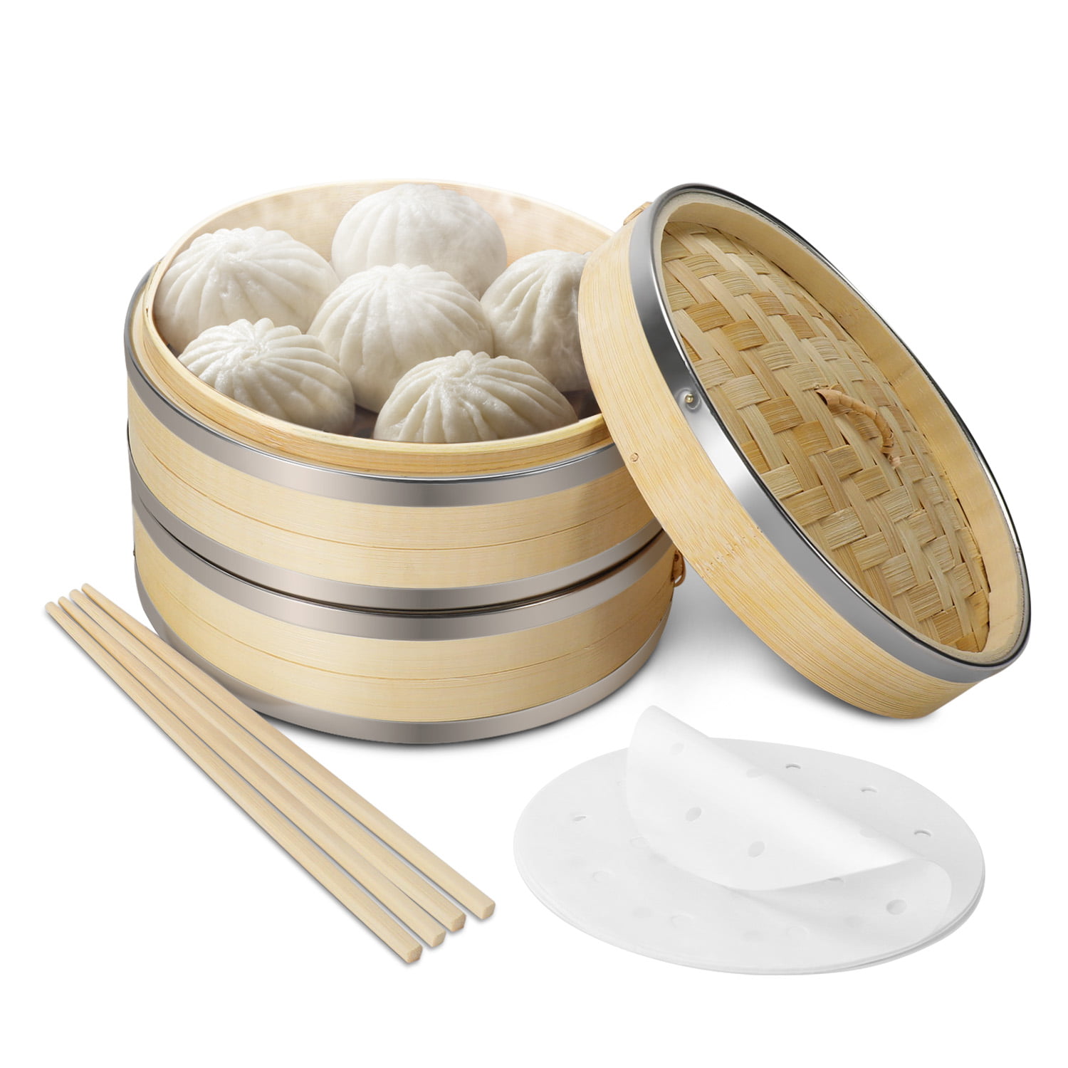 Chinese Handmade Natural Bamboo Steamer Basket Round Food Meat Steamer Lid Sale 