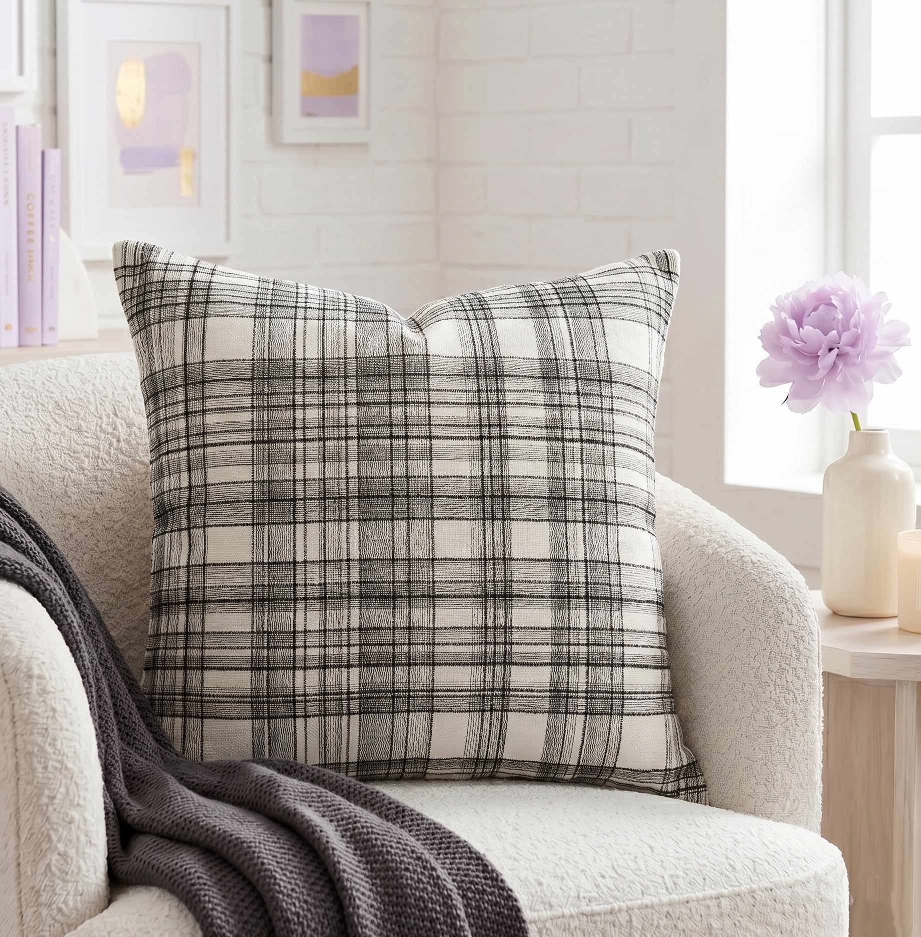 Harlow Hill Stacy Garcia 24" x 24" White/Black Embroidered Plaid Cotton Blend Adult Decorative Throw Pillow Cover