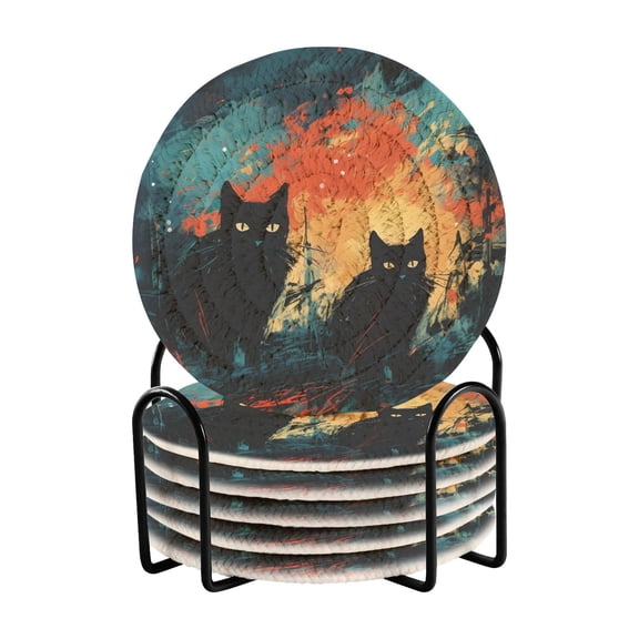 Cats Fire Ruins 6 Pcs Drink Coasters with Holder Absorbent Coasters Woven Coasters for Drinks Table Desk Protection Home Decor