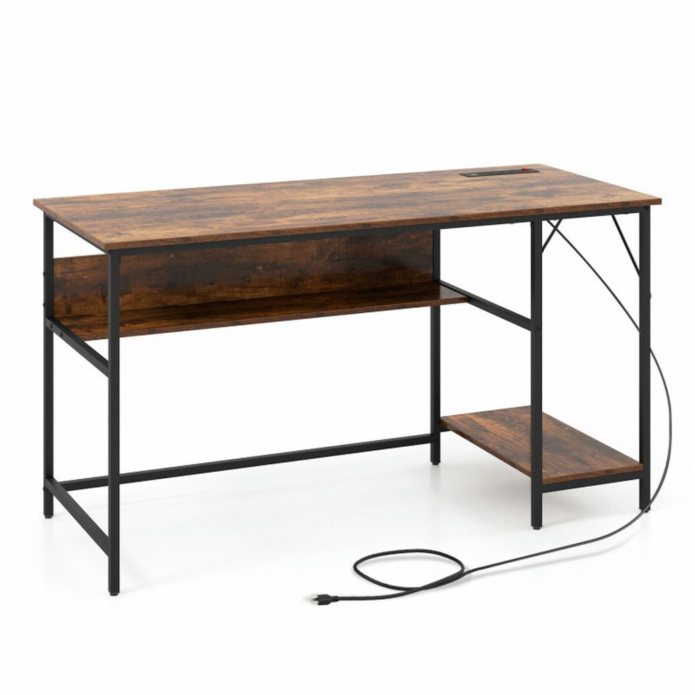 Demi Bonn 55" Computer Desk with Charging Station, Small Home Office Desk Study Writing Table, Brown