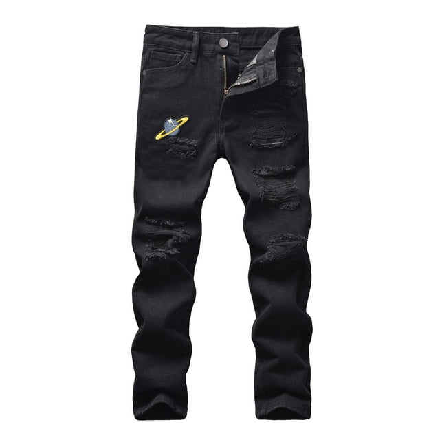 XASZHN Boy's Skinny Fit Ripped Distressed Fashion Kids Denim Jeans Pants Black 130