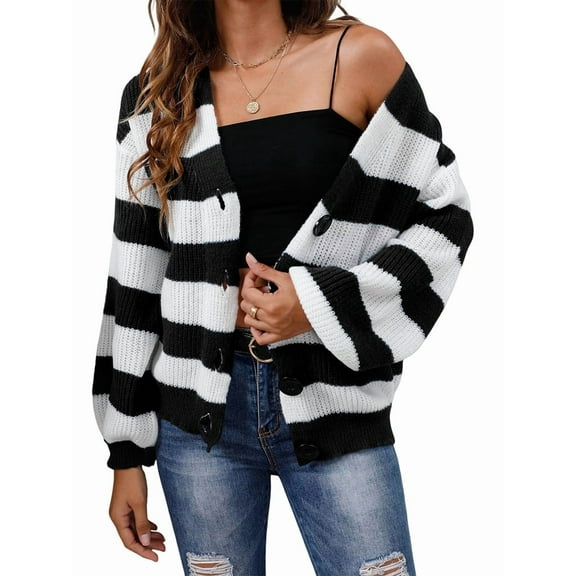Women'S Winter Striped Cardigan Sweaters Long Sleeve Button Down Open Front Chunky Knit Oversized Sweater Coat Black XL