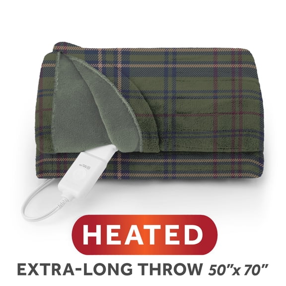 Sunbeam Heated Electric Microplush Throw Blanket, Green Vintage Plaid, 4 Heat Settings, 50 x 70 in