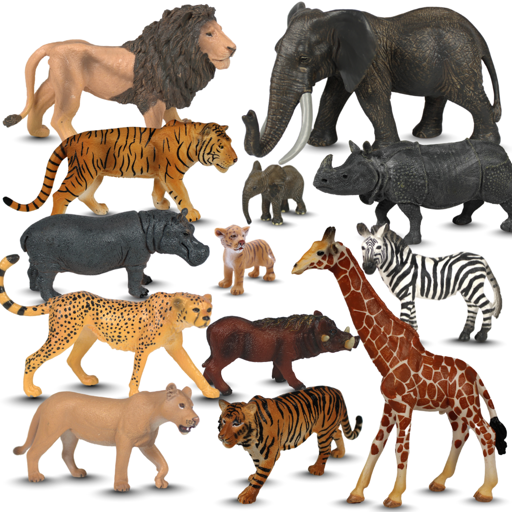 Zaga Toys Safari Wildlife Figurine Bundle – Tigers, Rhino, Hippo, Zebra, Elephant, Lions, and Giraffe Figures