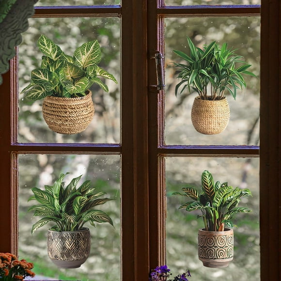 4PC Colored Green Plant Potted Plant Joint Painting Glass Window Home Beautification Decoration Electrostatic Window Sticker