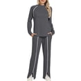 thumbnail image 2 of AHTJRT Women's Tracksuits Striped Crewneck Long Sleeve Tops Drawstrings Side Slit Pants 2 Pieces Athletic Sets Casual Fall Spring Sweatsuits Dark Gray XXL, 2 of 8