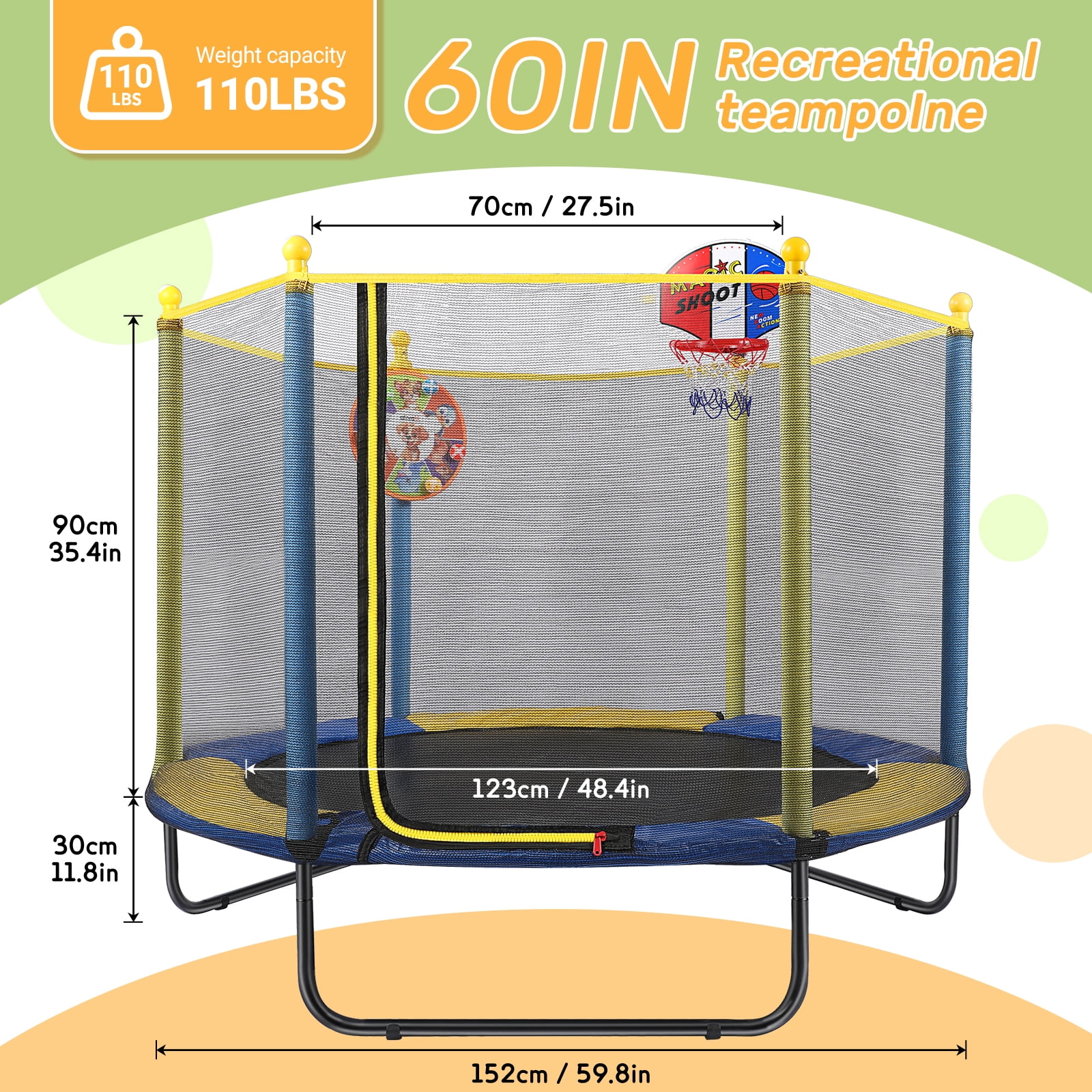 Fenbeli 60'' Kids Trampoline with Safety Net, Basketball Hoop & Dartboard, Indoor Outdoor Toddler Trampoline for Ages 1-8