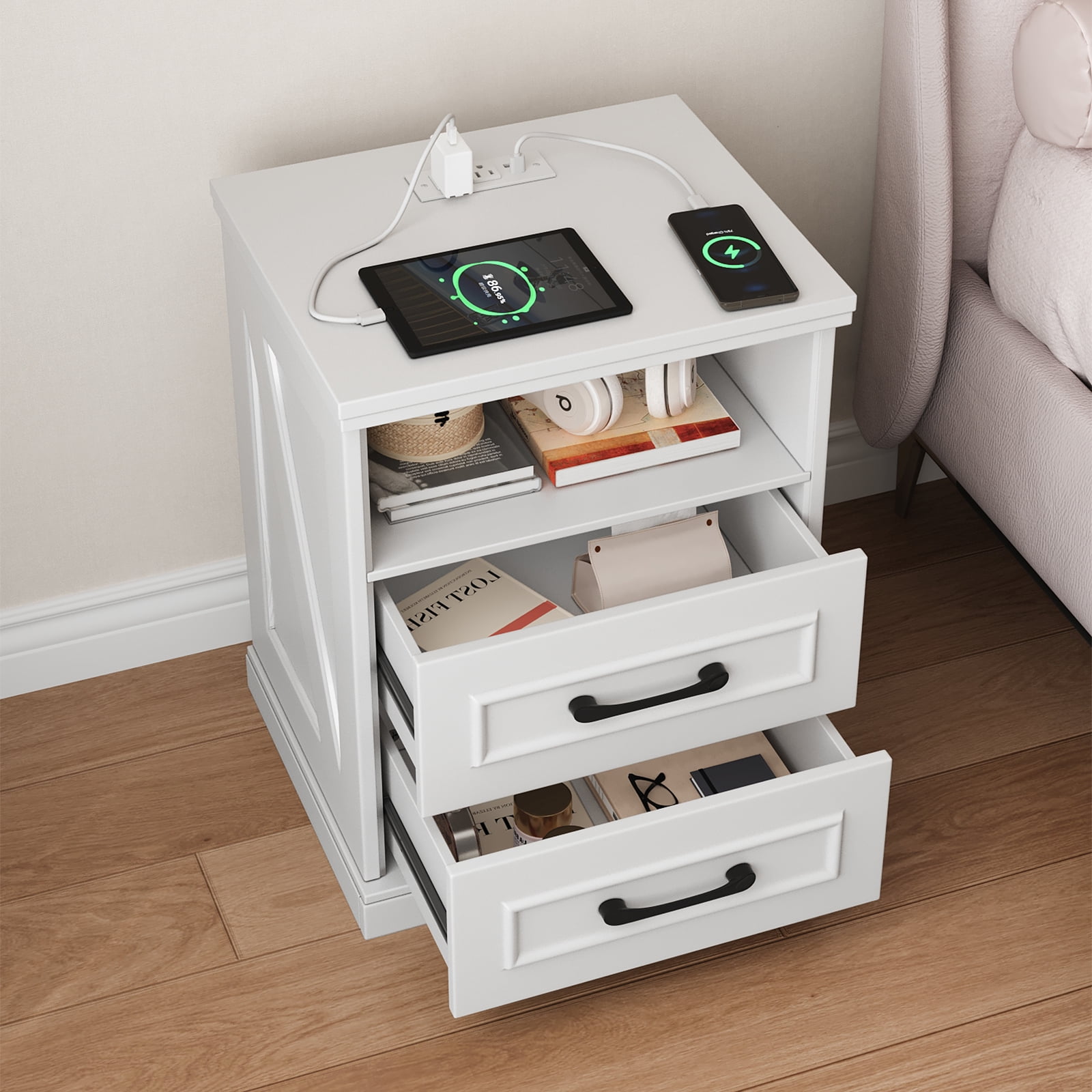 Nightstand Set of 2 with Charging Station, Farmhouse End Table with 2 Drawers Storage Side Table Bedside Cabinet for Bedroom Living Room