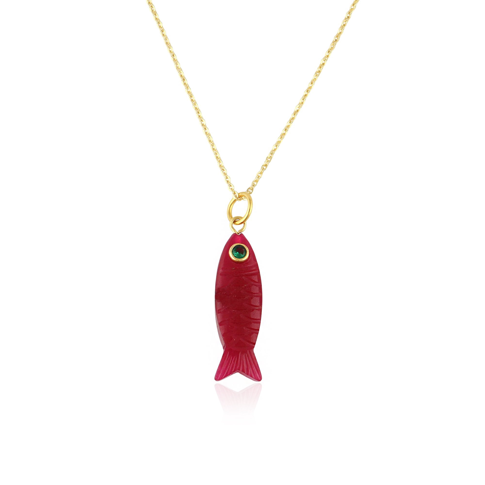 Genuine Carved Fish Necklace - Ruby Jade Gemstone OOAK Artisan Pendant With Emerald CZ Accent Gold-Plated Minimalist Hypoallergenic Jewelry