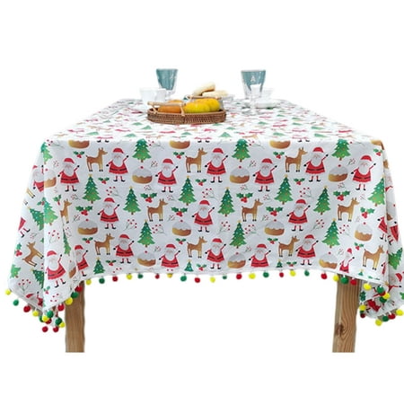 

LYU Christmas Tablecloth Festive Diverse Styles Printing Rectangular Tassel Design Decorative Bright Color Santa Claus Table Cover for Party