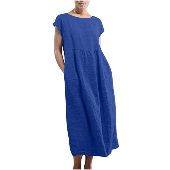 Summer Savings Clearance! PEZHADA Maxi Dress For Women Long Dress Loose Dress Cotton Linen Round Neck Pocketless Short Sleeve Dress Long Dress Blue XXXXXL