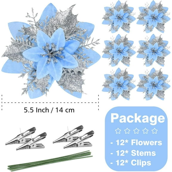 Christmas Poinsettia Artificial Flowers Decorations 5.5" Christmas Tree Wreaths Garland Decoration 12 Pcs Glitter Flowers Picks Decor for Xmas New Year Wedding Party Ornaments