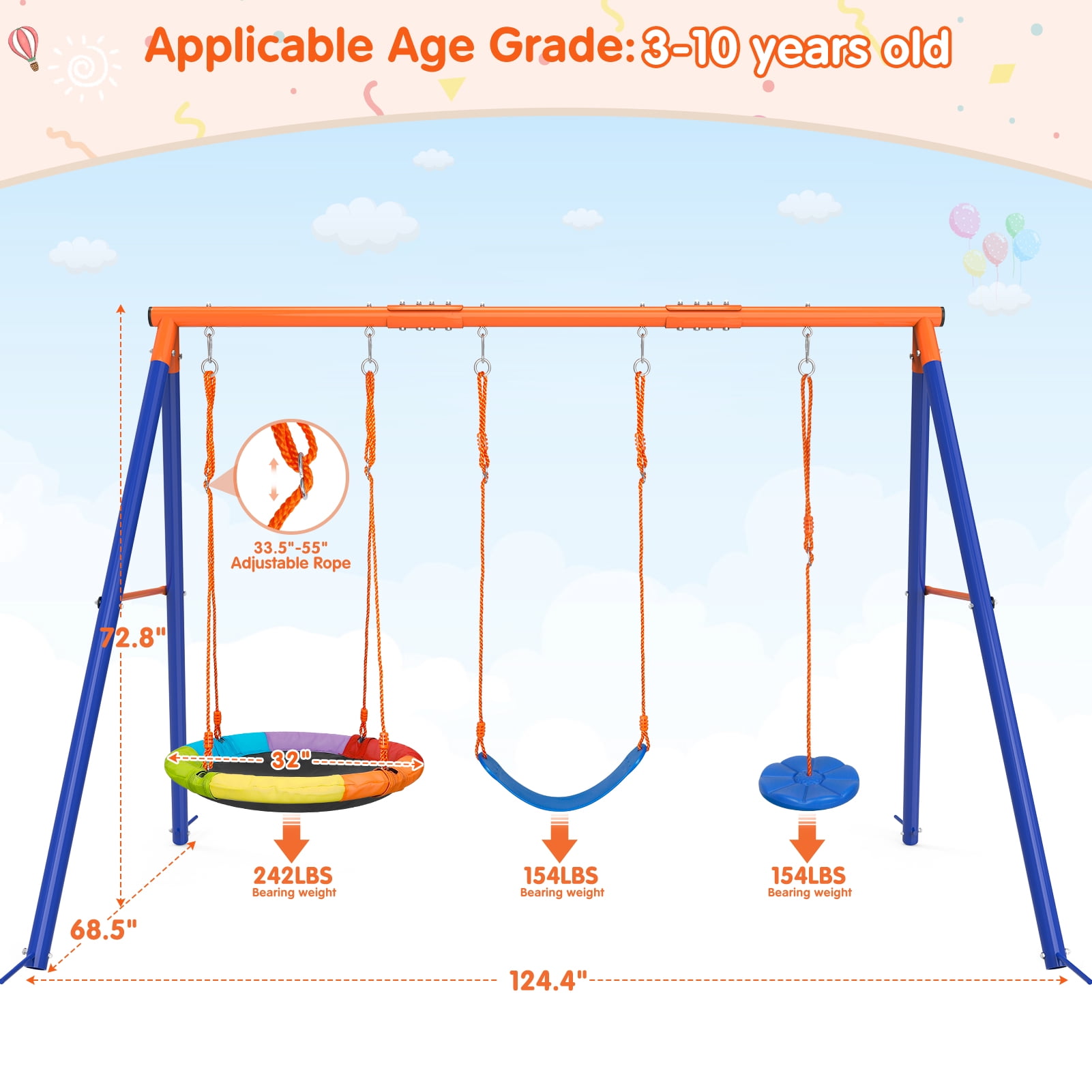 GIKPAL 3-in-1 Swing Set, 550 lbs Swing Set for Outside, Heavy Duty Metal Swing with A-Frame, Waterproof material, Adjustable Ropes Round Swing for Backyard