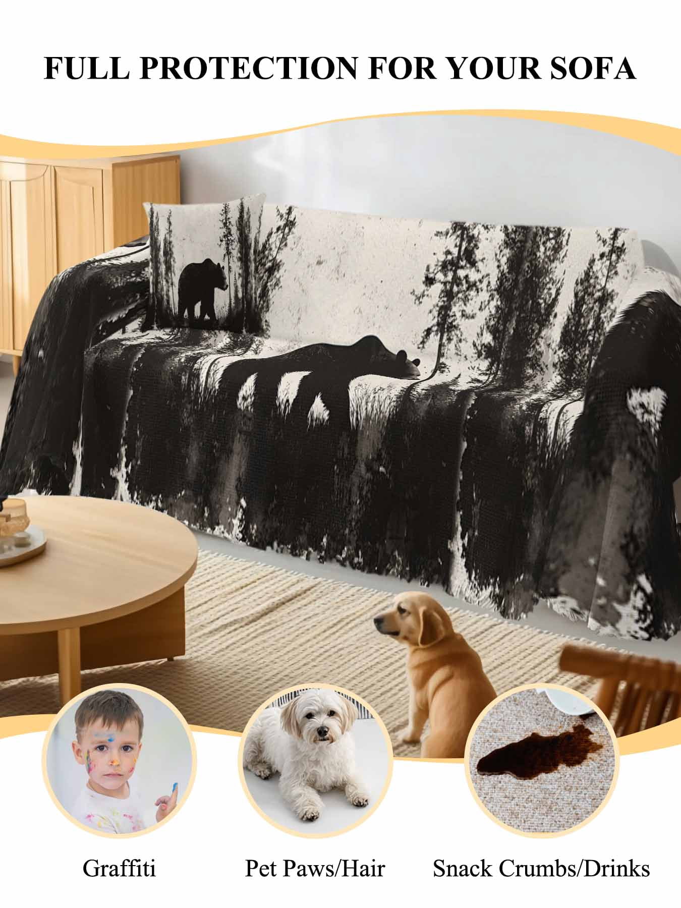 Black Bear Couch Cover, Vintage Forest Cabin Animals Silhouette Oversized Sofa Cover Blanket for 3 Cushion Couch, Sectional Sofa Slipcover Furniture Protector for Living Room Bedroom 71''x150''