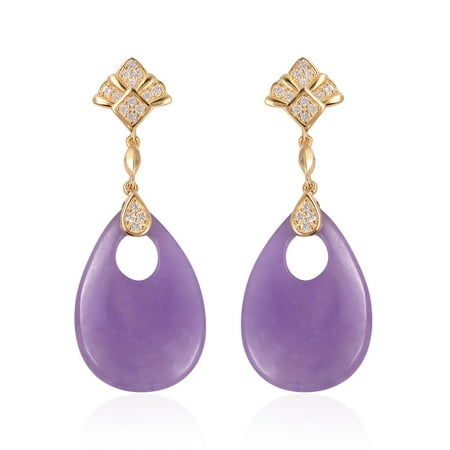 - 925 Sterling Silver Vermeil Yellow Gold Plated Pear Purple Jade White Zircon Dangle Drop Earrings