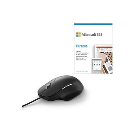 Microsoft Ergonomic Mouse Black + Microsoft 365 Personal 1 Year Subscription For 1 User - PC/Mac Keycard for Microsoft 365 Personal - BlueTrack - Cable - USB 2.0 Type A - 1000 dpi - 5 Button(s)