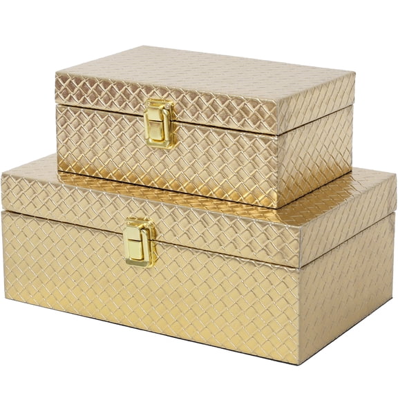 FUIN Faux Leather Decorative Jewelry Storage Organizer Boxes Set of 2, Gold