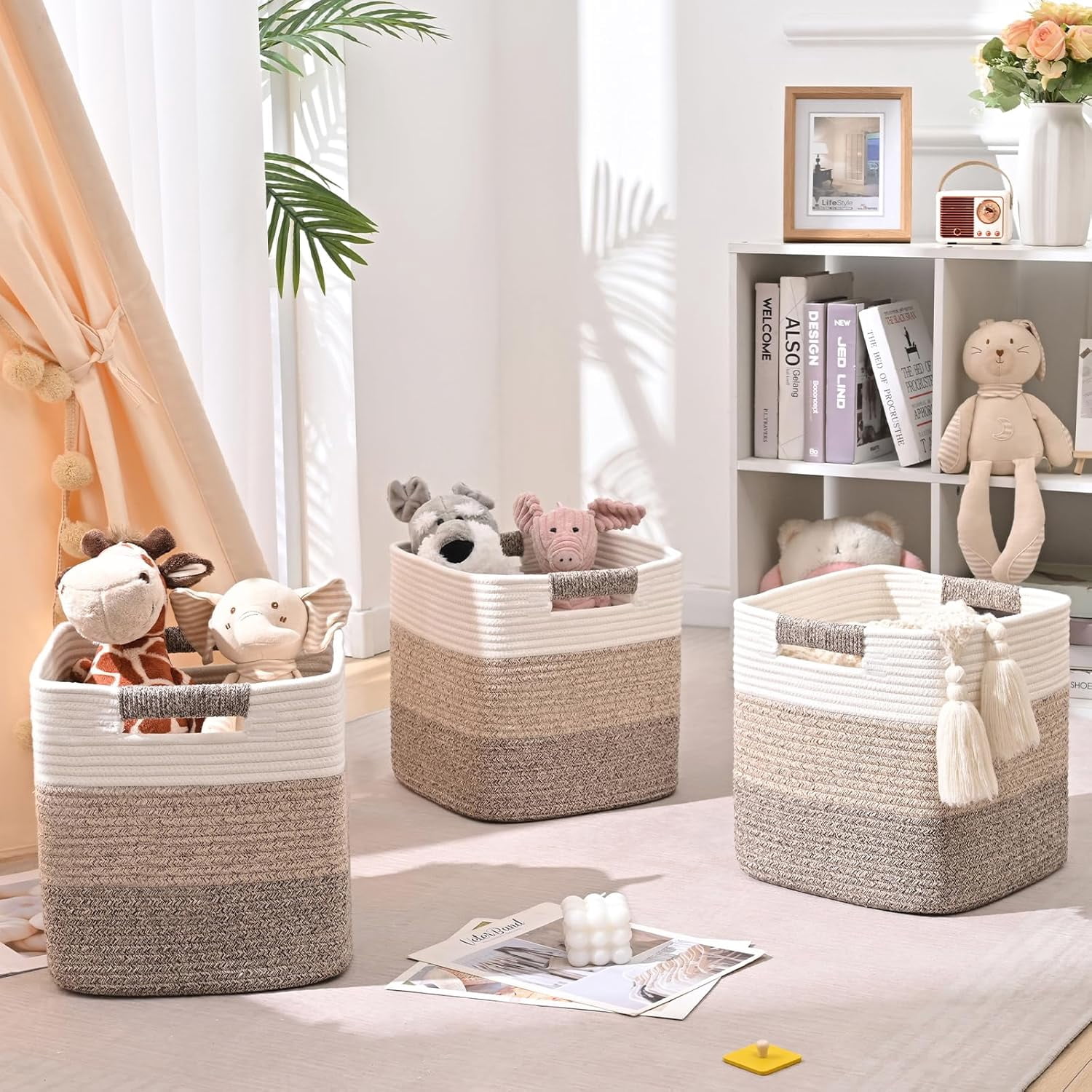 Natubeau 3 Pack Woven Storage Basket for Shelves, 11 Inch Cube Storage Bins, Cotton Rope Woven Baskets for Organizing, Gradient Jute