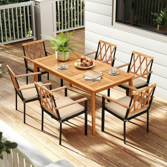 Costway 7 PCS Patio Acacia Wood Dining Set with Soft Seat Cushions Umbrella Hole Outdoor
