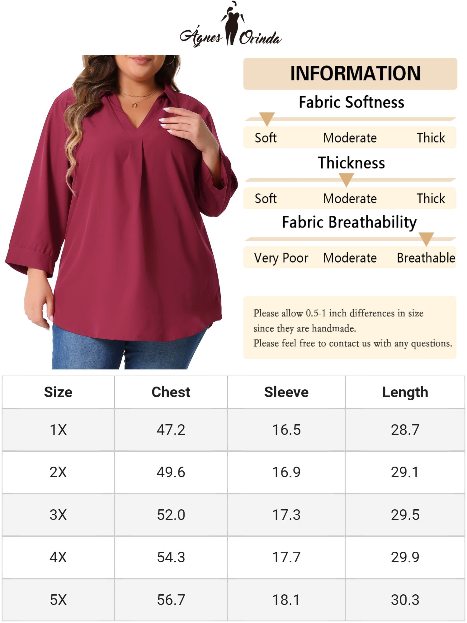 DARING DIVA Women's Plus V Neck Long Sleeve Flowy Blouse 2X Burgundy